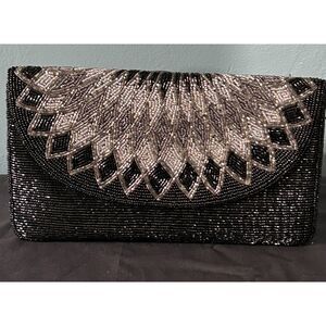 La Regale Ltd black & silver beaded evening bag clutch